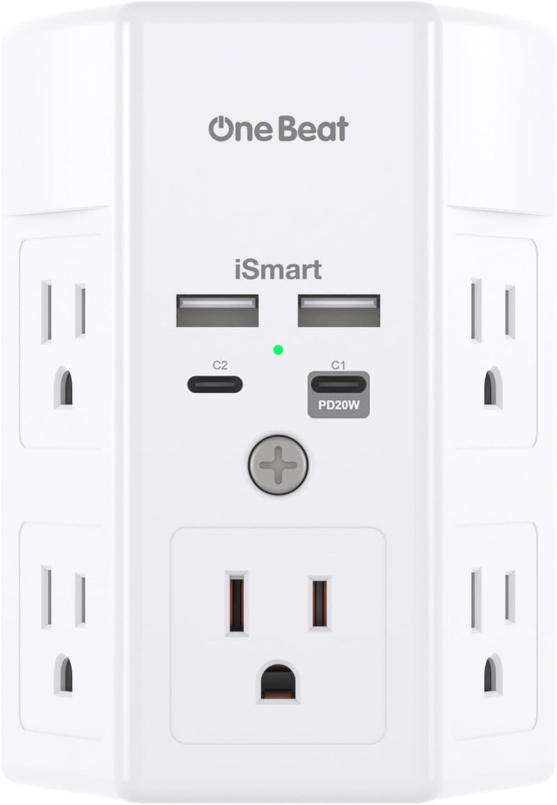 One Beat Multi Plug Outlet, Surge Protector, 5 Outlet Extender with 4 USB Ports (2 USB-C), PD 20W Wall Charger, 3-Sided 1800J Power Strip Outlets Splitter Wall Plug Adapter Spaced for Home Office, White - Image 1